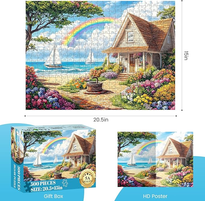 500 Piece Puzzles for Adults, Cozy Beach Cottage 500 Piece Puzzle, Vibrant Rainbow Sky Jigsaw Puzzle, Perfect for Family Game Night, Home Wall Decor, Ideal Gift for Adults, Kids, Seniors, 20.5 x 15 in