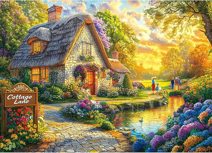 Fairy Tale Cottage 1000 Piece Jigsaw Puzzle for Adults - Scenic House Garden with Sunset & Colorful Flowers Landscape Challenging Puzzle Games Fun Family Activity （27.6" x 19.7"）