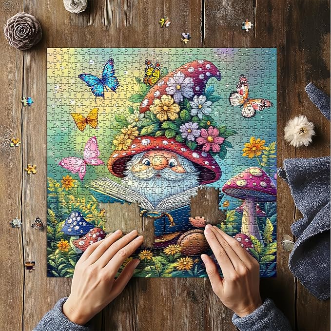Funny Gnomes Puzzles for Adults 1000 Pieces, Nature Mushroom Butterfly Garden Themed, Cute Spring Gnome Flower Jigsaw Puzzles Challenge