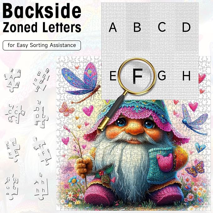 1000 Pieces Jigsaw Puzzles for Adults, Cute Gnome with Hearts & Butterflies Puzzle with Letters on Back, 22.8×22.8 Inch Hard Difficult Challenging Adult Puzzle for Gift & Home Decor