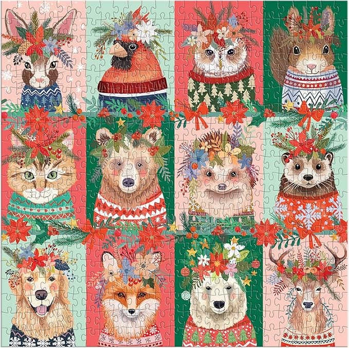 Galison Furry and Bright – 500 Piece Jigsaw Puzzle Featuring Adorable Portraits of Furry Friends Festooned for The Holidays
