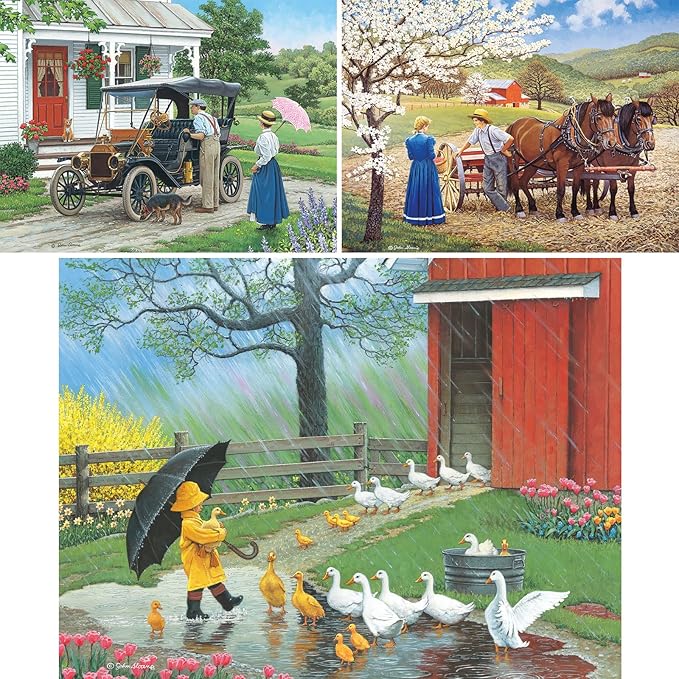 Bits and Pieces – Value Set of Three 500 Piece Jigsaw Puzzles for Adults – That New Car Smell, A Good Day for Ducks, Groundwork Jigsaw Puzzles by Artist John Sloane, Completed Puzzle Size: 18" x 24"