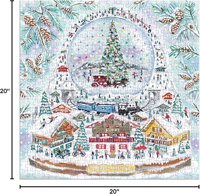 Galison Michael Storrings Alpine Village Snow Globe – 500 Piece Foil Puzzle of Christmas Snow Filled Mountains Artwork with Gold Foil Accents
