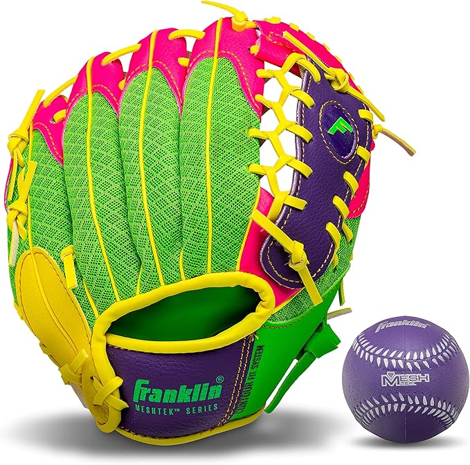 Franklin Sports Kids Baseball Glove + Foam Ball Sets - Meshtek Youth Teeball Gloves for Kids + Toddlers - Left + Right Hand Throw - 9.5" Inch
