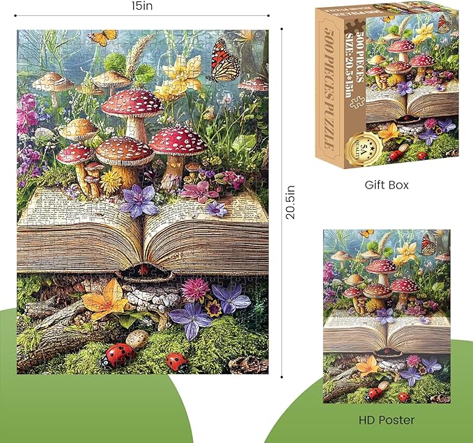 500 Piece Jigsaw Puzzles for Adults, Colorful Fantasy Mushroom Book Puzzles, Fun and Challenging Puzzle for Family Time, Relaxing Gift for Adults, Seniors, 20.5 x 15 in