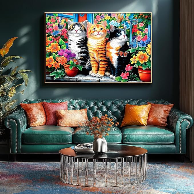 Blueforest Puzzles for Adults 500 Pieces - Cats in Garden with Vibrant Flowers & Butterflies Jigsaw Puzzle, 23x15 Inches Intermediate Challenge