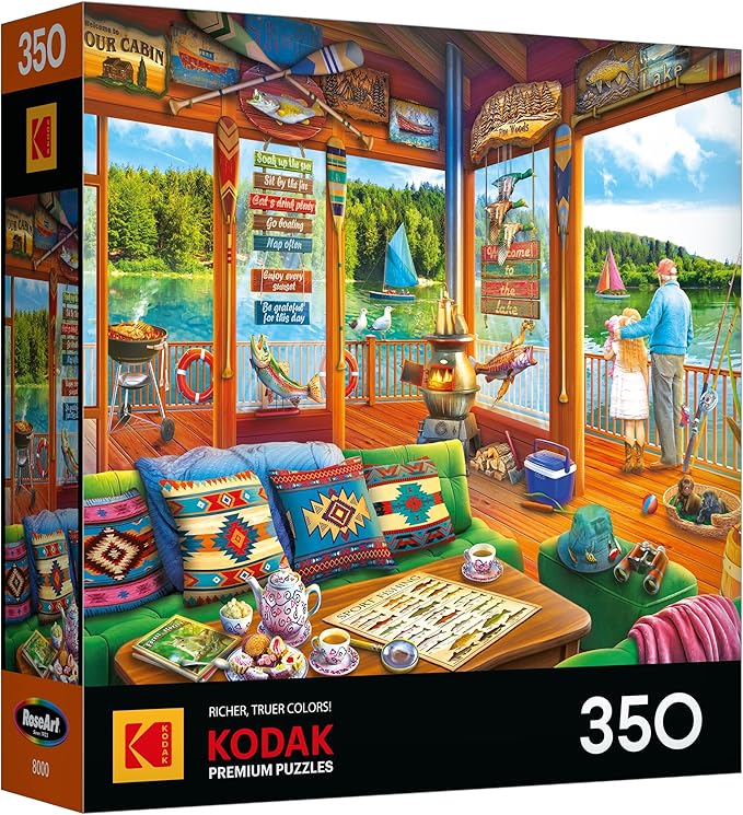 RoseArt - Kodak Premium - The Lake House 350 Piece Jigsaw Puzzle - Cozy Cabin Lake Summer Vacation Scene – Adult Puzzle – Finished Size Approx. 18" x 24", Made in USA