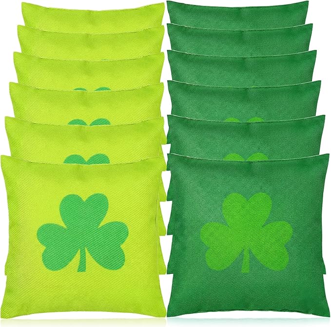 Soulchen 12 Pack St Patricks Day Bean Bags Toss Game Green Shamrock Cornhole Bag St Patricks Tossing Game Gifts Irish Party Favors for Holiday Outdoor Indoor Yard Hand Throwing Supplies