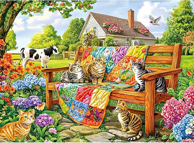 300 Pieces Puzzles for Adults,Cats Cow Animal Puzzle for Adults,300 Pieces Puzzles for Seniors Large Piece,Quilt House Jigsaw Puzzle for Kids Ages 8-10,Challenging Family Game, 20.5x15 in