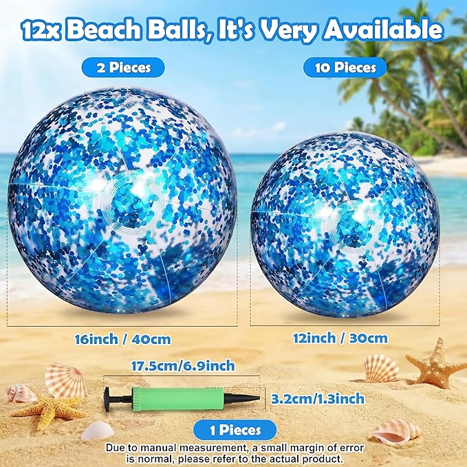 Lewtemi 12 Pcs Inflatable Glitter Beach Balls 16 Inch 24 Inch Shiny Giant Confetti Balls Swimming Pool Beach Blow up Balloon for Outdoor Summer Party Wedding Decor(Blue)