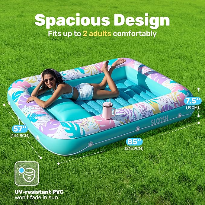 SLOOSH Inflatable Tanning Pool Lounger Float, 85" x 57" Pool Floats Adult with Pillow, 4 in 1 Suntan Tub Raft Floatie,Sunbathing Bed Lounge for Water Blow Up Ball Pit Party Gifts, L-Tropical Blue