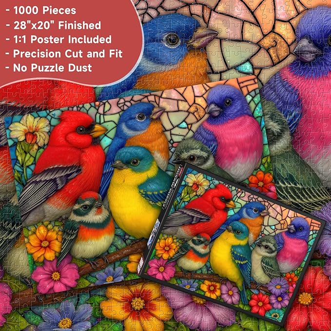 Stained Glass Birds 1000 Piece Puzzle for Adults - Colorful Avian Art, Vibrant Floral Scene, Poster & Lettered Back, 28"x20" HD, Gift for Bird & Art Lovers
