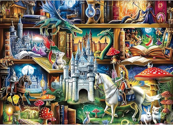 1000 Piece Fantasy Castle Bookshelf Jigsaw Puzzle for Adults, Dragons and Knights Theme, Fairy Tales Magical Castles Scene, Challenging Puzzle & Artwork
