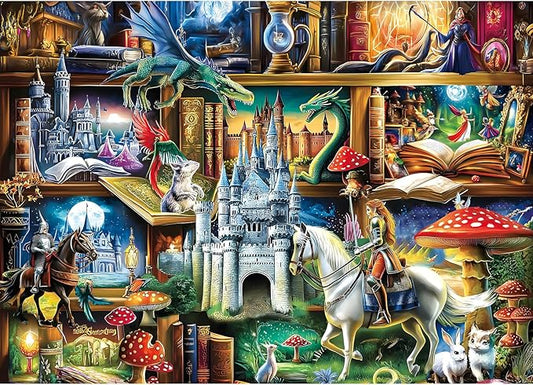 1000 Piece Fantasy Castle Bookshelf Jigsaw Puzzle for Adults, Dragons and Knights Theme, Fairy Tales Magical Castles Scene, Challenging Puzzle & Artwork