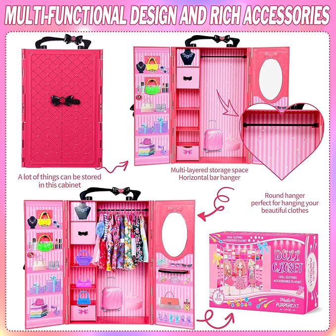 150 Pcs Doll Clothes and Accessories Playset with Dolls for Girls, Princess Gowns, Fashion Dresses, Swimsuits, Tops, Pants, Shoes, Bags Jewelrys in Closet for Doll Dress Up Fit for 11.5" Dolls