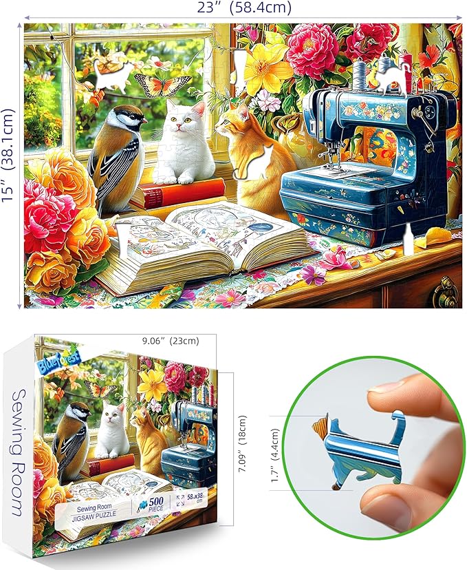 Blueforest 500 Piece Puzzle for Adults, Cozy Sewing Room Jigsaw Puzzle - Cats, Birds & Vintage Sewing Machine, 23x15 Inch Unique Shaped Pieces Art Puzzle