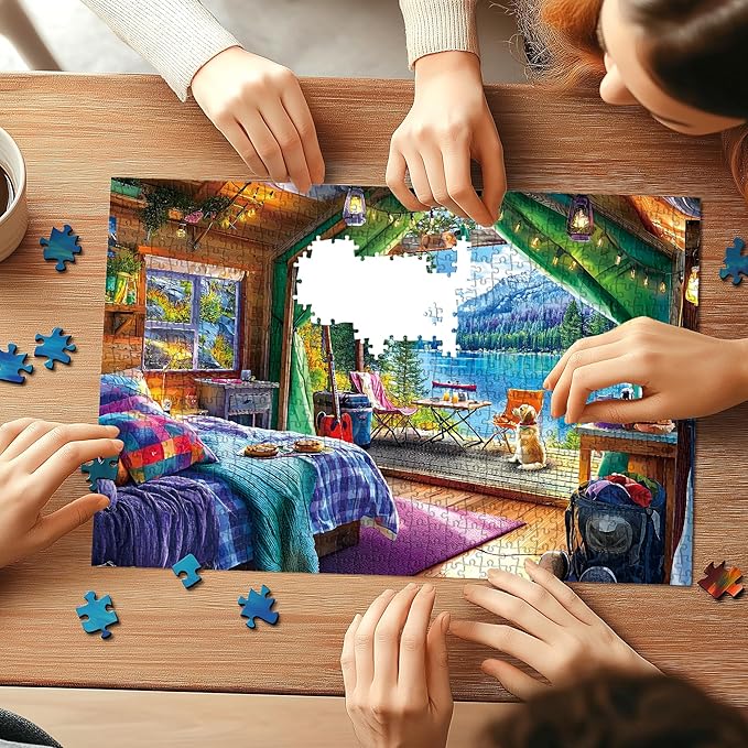 500 Piece Jigsaw Puzzles for Adults Lake View Cabin Camping with Dog Difficult Challenging Puzzles for Adults 500 Pieces for Family Fun Party Game Gifts Decoration (23 x 15 Inch)