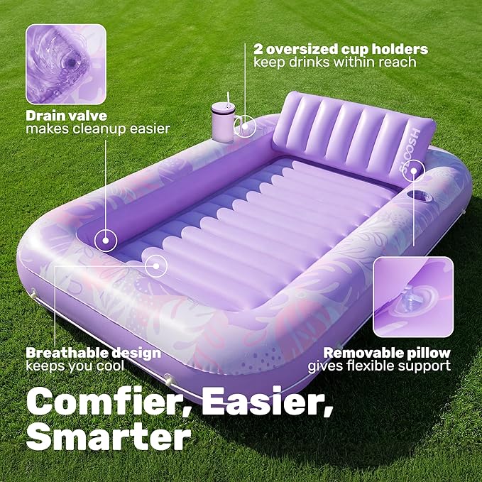 SLOOSH Inflatable Tanning Pool Lounger Float, 85" x 57" Pool Floats Adult with Pillow, 4 in 1 Suntan Tub Raft Floatie,Sunbathing Bed Lounge for Water Blow Up Ball Pit Party Gifts, L-Purple