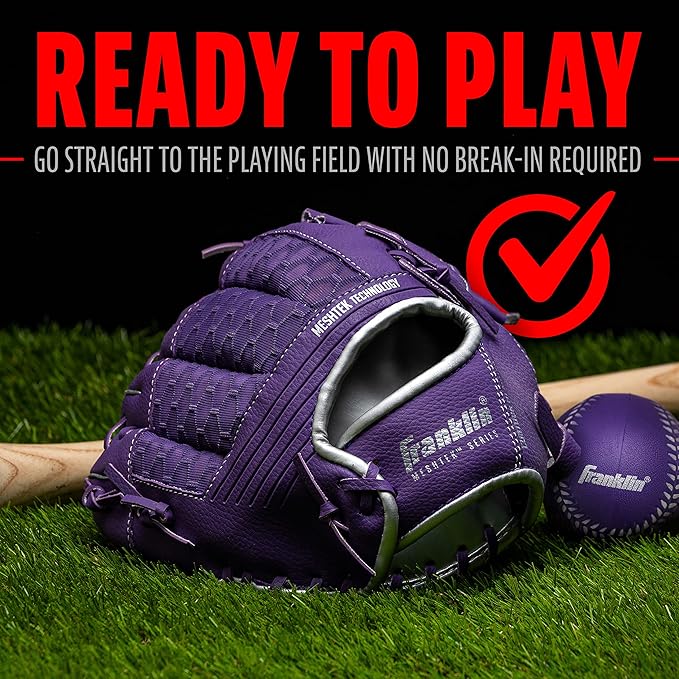 Franklin Sports Kids Baseball Glove + Foam Ball Sets - Meshtek Youth Teeball Gloves for Kids + Toddlers - Left + Right Hand Throw - 9.5" Inch