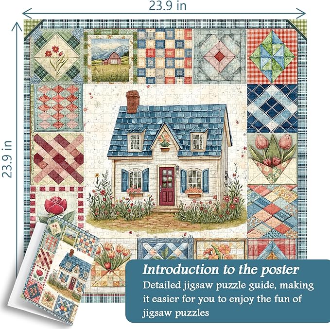 Patchwork Puzzles for Adults 1000 Pieces, PICKFORU Vintage Collage Puzzles House, Retro Spring Flower Pattern Puzzle as Wall Decor