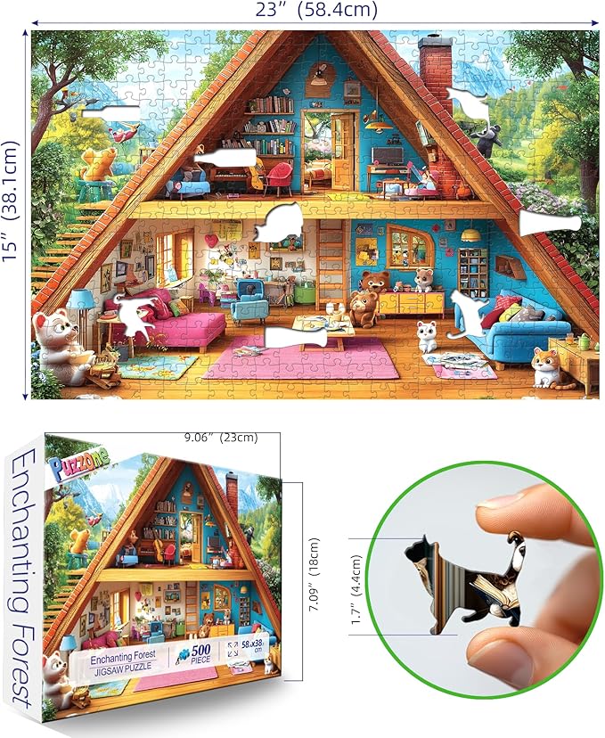 500 Piece Puzzles for Adults, Mountain Home with Animal Characters - Fairy Tale Cottage Jigsaw Puzzle for Family Fun, Party Game, Finished Size 23" x 15"