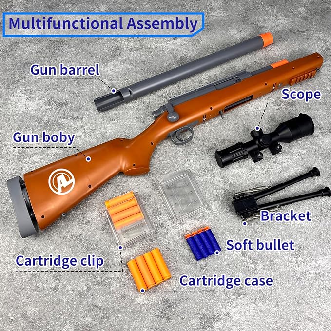 AGM MASTECH M24 Foam Blaster, Shell Ejecting, Safety Switch, Adjustable Stock 41.8 Inch, Fast Dart Loader, Scope, 40 Darts, 20 Casings, 2 Mags, Tactical Gear for Teens 14+ Adults(Brown)