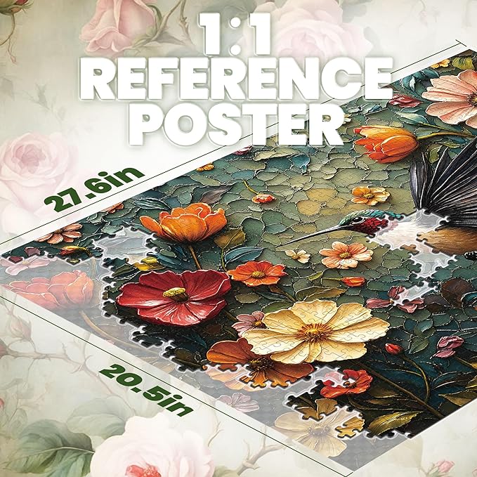 Puzzles for Adults 1000 Pieces, Vintage Flower Hummingbird Jigsaw Puzzle 1000 Pieces, Retro Bird Nature Art Themed Hard Puzzles with Letters on Back for Family Game Gift, 1:1 Poster