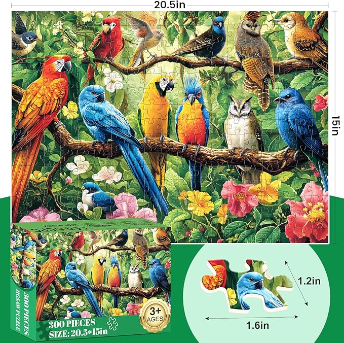 300 Piece Puzzle for Adults,Jungle Parrots Jigsaw Puzzles Adults Kids Seniors,Large Piece Animal Puzzle for Kids Ages 8-10 10-12,Bird Flower Puzzles Letters on Back,Unique Puzzles Great Gift,20.5*15in