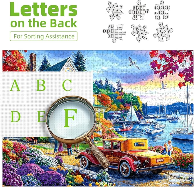 500 Piece Jigsaw Puzzles for Adults Autumn Harbor Cottage Scenic Puzzle Seaside Vibrant Fall House Scenery Puzzles for Seniors & Families, Fun Relax Puzzles with Letters on Back, 23x15 Inch