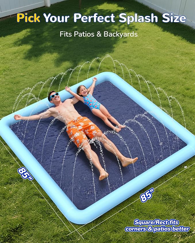 VISTOP Non-Slip Splash Pad for Kids and Dog, Thicken Sprinkler Pool Summer Outdoor Water Toys - Fun Backyard Fountain Play Mat for Baby Girls Boys Children or Pet Dog (85 * 85 inch, Blue&Blue)