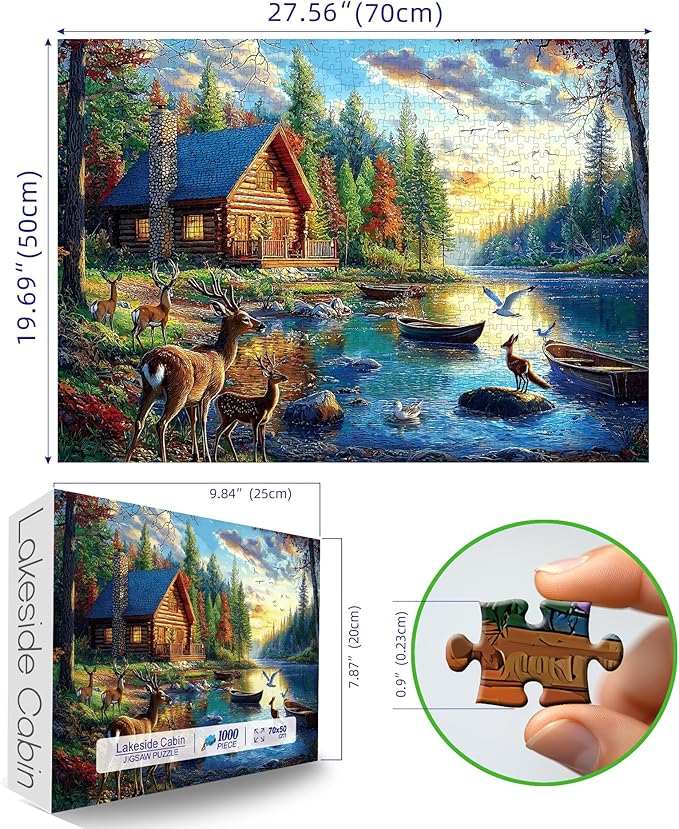 Blueforest 1000 Piece Jigsaw Puzzle for Adults Lake Lodge & Elk Landscape Hard Challenging Puzzle Perfect for Game Nights Family