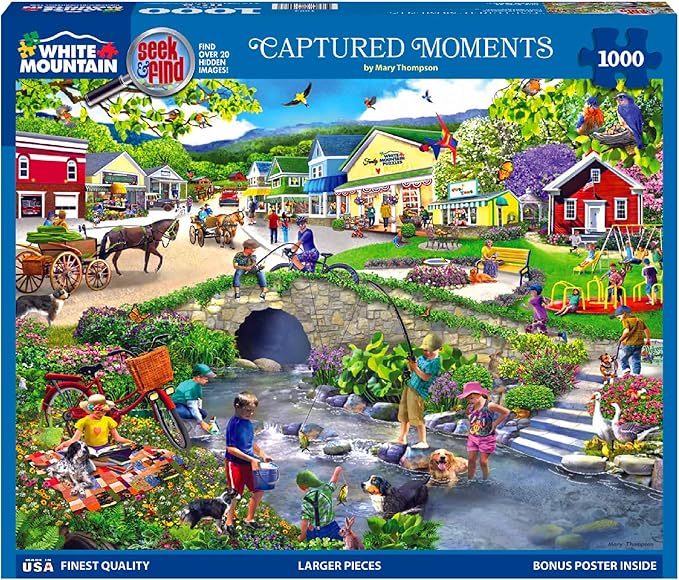 White Mountain 1000 Piece Jigsaw Puzzle Scenic Summer Village Puzzles with Large Pieces for Adults and Family 24"x30" - Captured Moments Seek & Find