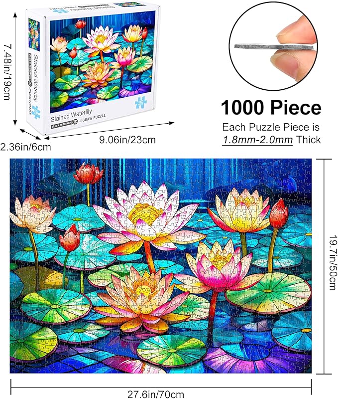 1000 Pieces Stained Glass Puzzle for Adults, Rocorose Waterlily Flower Jigsaw Puzzle, Impossible Hard Difficult Challenging Colorful Lotus Family Puzzle Gift for Game Night