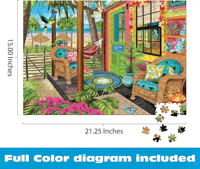 Ceaco – Tropical Paradise – Tracy Flickinger – 500 Piece Jigsaw Puzzle for Adults – Colorful Coastal Porch Scene with Bonus Poster