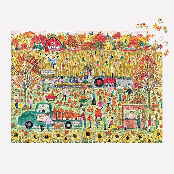 Galison Pumpkin Patch – 1000 Piece Michael Storrings Jigsaw Puzzle Featuring Beautiful Artwork of A Pumpkin Patch During A Fall Day