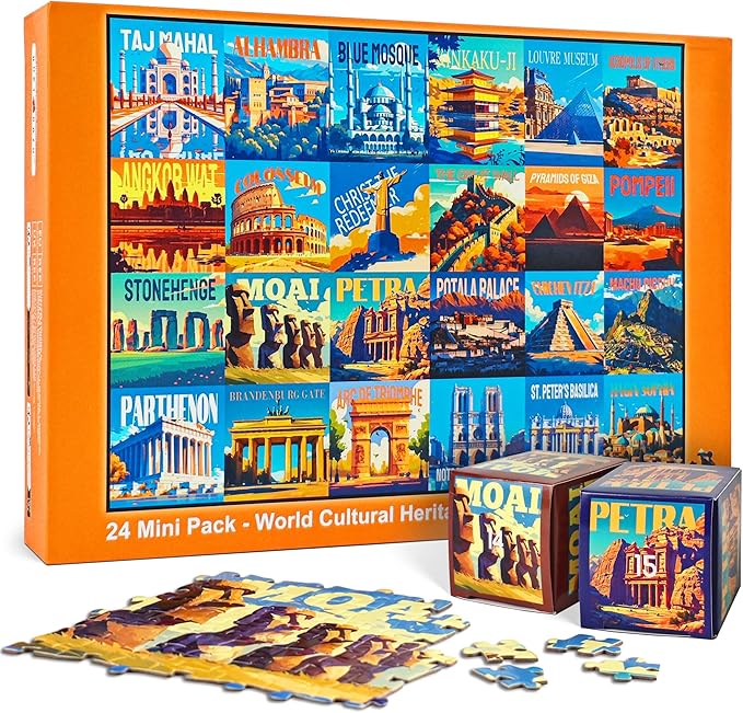 rokt&razo, World Heritage, 24 Mini Pack Jigsaw Puzzles, 1000 Pieces Daily Challenge Pack with Reference Poster, Advent Calendar, Family Game Nights, Finish Size 27.5 * 19.7 in (Index on The Back)