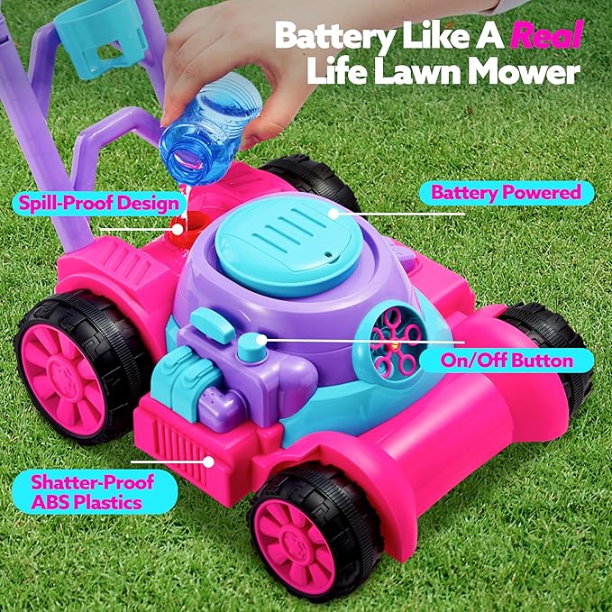 SLOOSH Bubble Lawn Mower Toddler Toys - Spill-Proof Bubble Machine Pretend Gardening Toy for Age 1 2 3 1-3 Year Old Toddler Indoor Outdoor Use, Baby Girl Push Toys Easter Birthday Gift (Pink)