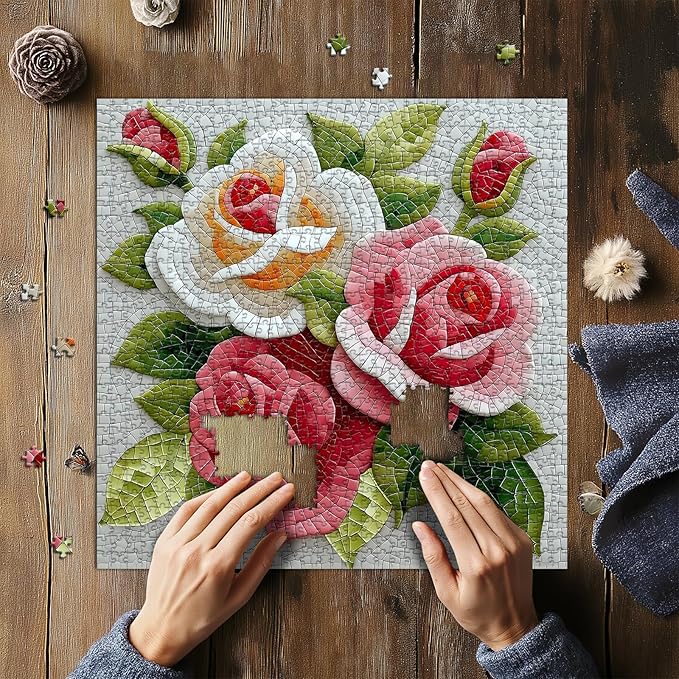 Impossible Mosaic Puzzles for Adults 1000 Pieces, Unique Rose Flower Puzzle, Beautiful Floral Jigsaw Puzzles, Hard Challenging Puzzles for Adults