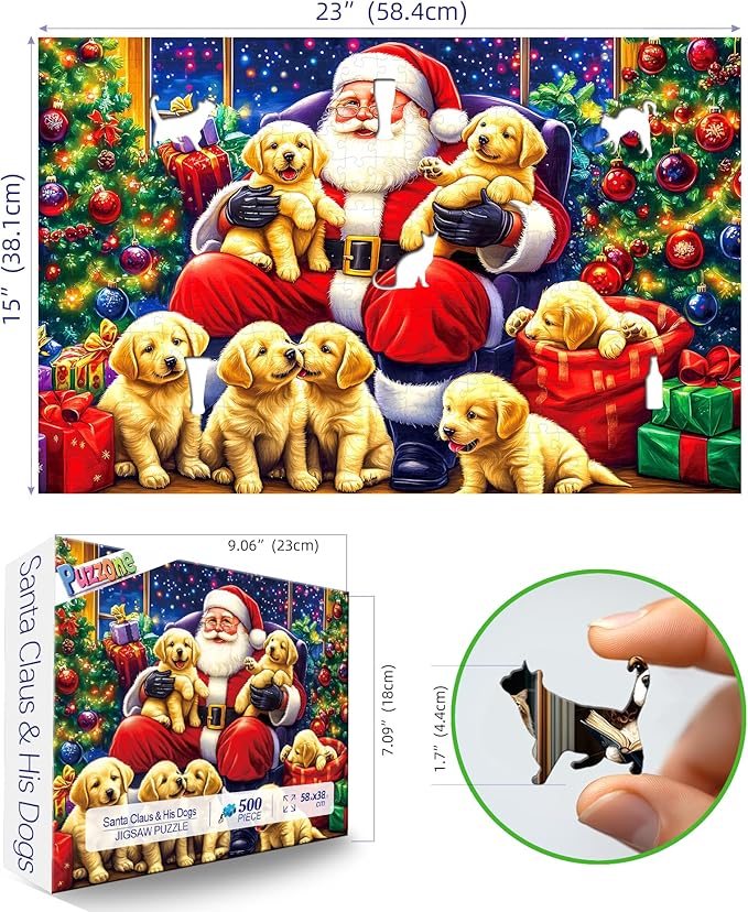 Christmas Puzzles for Adults 500 Pieces, Santa Claus and Dogs Jigsaw Puzzles Adults and Teens Family Challenging Puzzle Perfect for Game Nights (23 x 15 inch)