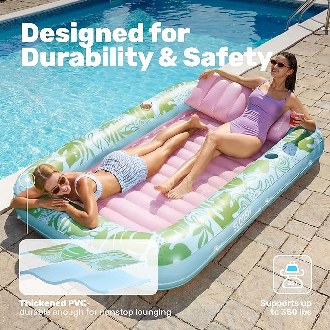SLOOSH Inflatable Tanning Pool Lounger Float, 85" x 57" Extra Large Pool Floats Adult with Pillow, 4 in 1 Suntan Tub Raft Floatie,Sunbathing Bed Lounge for Water Blow Up Ball Pit, XL-Cyan Pink