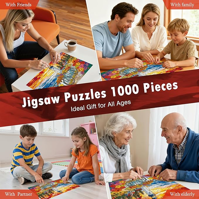 Puzzles for Adults 1000 Pieces Stained-Glass Lighthouse, Sunset Coastal Lighthouse Adults Puzzles Flowers Bike Letter on Back No Dust, Matte Finish Seaside Jigsaw Puzzles Home Decor, Gifts Games