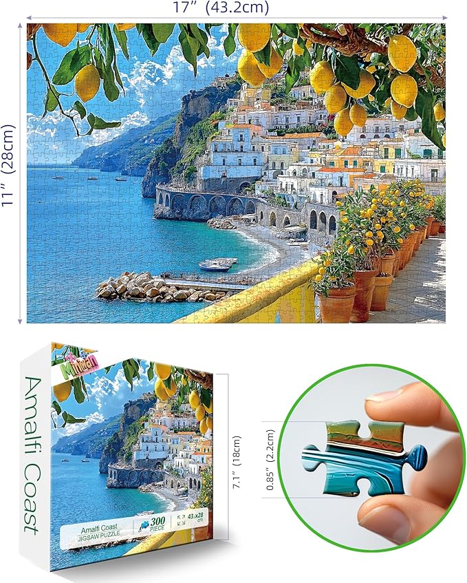 MINIWAN 300 Piece Amalfi Coast Puzzle, Premium Jigsaw Puzzle for Adults, Rustic Style Coastal Landscape Puzzle, 17 x 11 Inches
