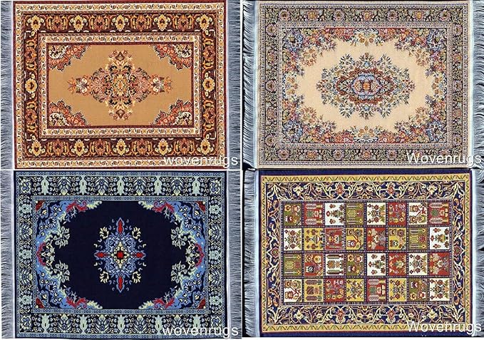 Set of 4 Dollhouse Area Rugs – Miniature Carpet Accessories for Doll Houses, 6 x 4 Inch Rectangular Floor Décor, Oriental Style