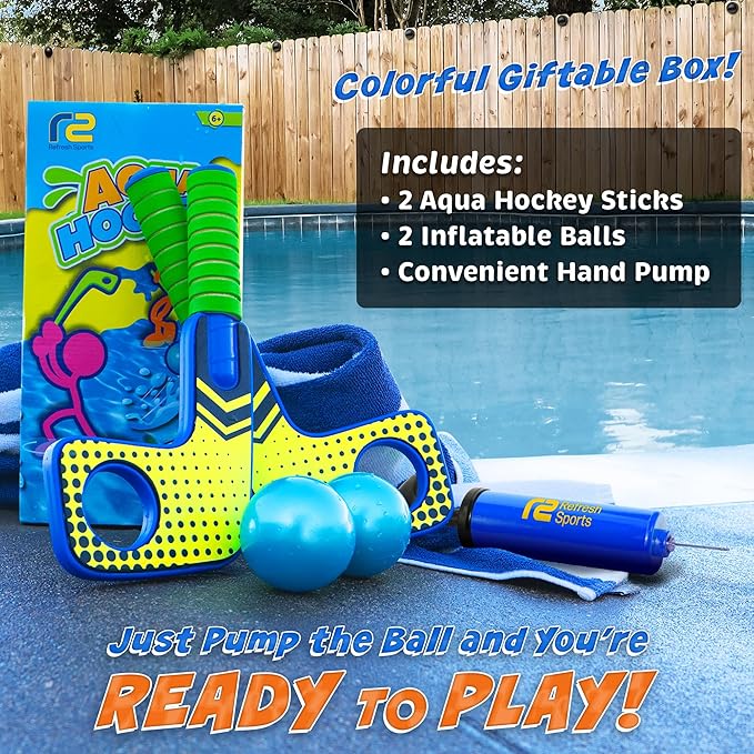 Fun Mini Hockey Sticks Game - Play at the Pool & Beach or in Home - For Kids & Adults All Ages - Use The Floating Soft Paddles to Shoot the Water Skipping Balls - Comes With 2 Sticks & 2 Balls