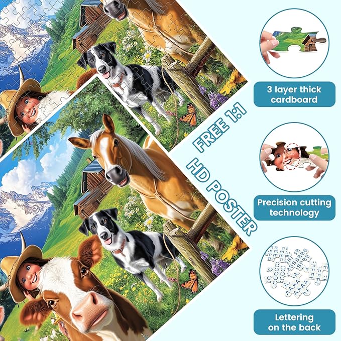 300 Pieces Puzzle for Adults-Pasture Horse Jigsaw Puzzle-Farm Cow Puzzles for Kids Ages 8-10-Animal Pet Lover Challenging Puzzles for Friends Family Activity Game Nights Gifts-20.5x15IN