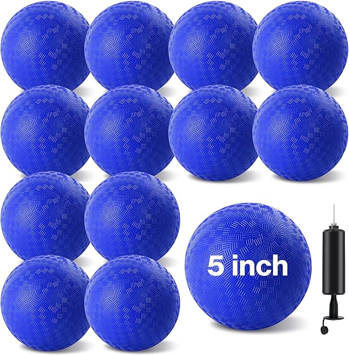 12 Pcs Dodgeballs 5 Inch Kickball Playground Ball Blue Inflatable Rubber Handball Bouncy Dodge Ball with 1 Hand Pump for Outdoors Ball Games Gym Camps Picnic (Needle is at The Top of The Pump)
