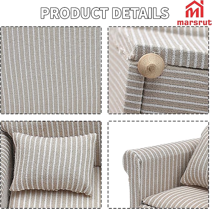 3pcs Dollhouse Couch, 1/12 Scale Living Room Furniture Accessory, Timeless Classic Miniature Double & Single Couch with Pillow, Upholstered Sofa Armchair Set Accessories for Bedroom Sectional Décor