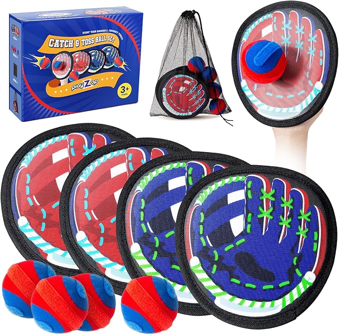 PlayZap Toss and Catch Ball Set Ultra Soft Fabric - Easter Basket Stuffers for Toddlers Kids Boys Girls 2-4 5-7 8-13+ Yrs - Baseball Glove Toy Indoor Outdoor Yard Game & Beach/Pool Toy Set 4 Pack