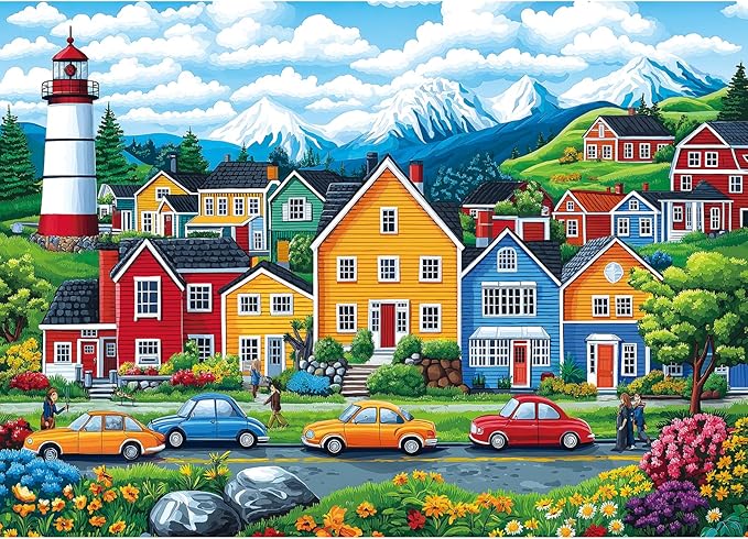 Blueforest 1000 Piece Jigsaw Puzzle for Adults - Coastal Village Scene: Colorful Houses, Lighthouse & Mountain View, 27.5x19.7 Inch