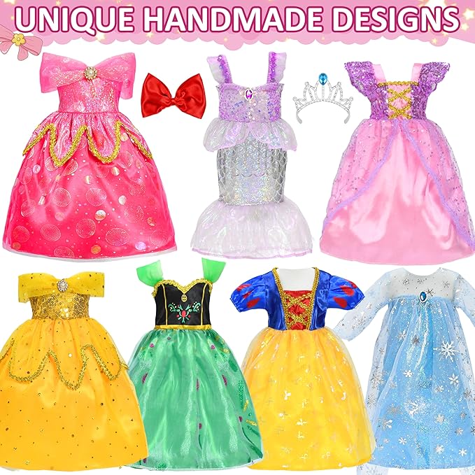 9 pcs American Doll Clothes Set for 18 inch Dolls, Doll Clothing Outfits Include 7 Different Princess Dresses, Crown, Hair Bow, Christmas Birthday Gift for Girls
